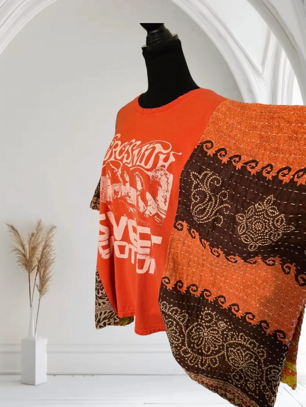 Upcycled Aerosmith Band Tee With Kantha Sleeves, OS - Picture 3 of 8
